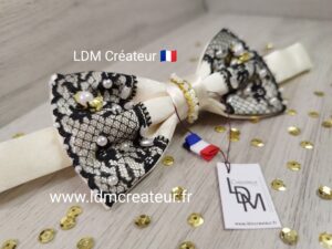 Noeud-papillon-femme-ecru-dentelle-noire-bijou-perles-sequins-mariage-soiree-smoking-Istres-LDM-Createur-