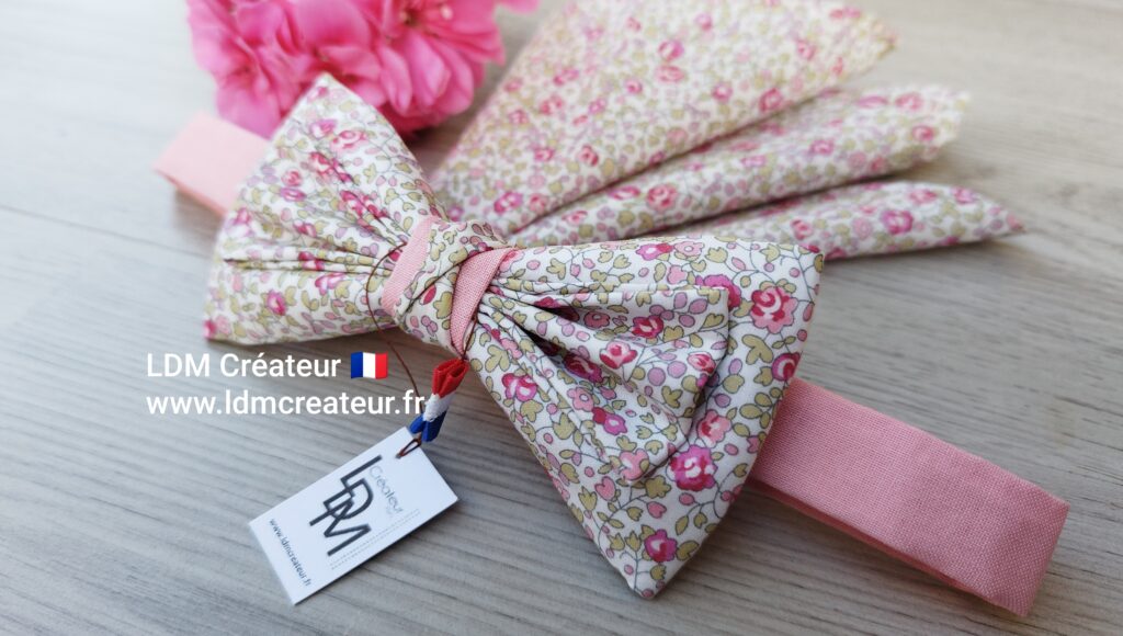 Noeud-papillon-rose-pale-liberty-homme-original-pochette-mariage-ceremonie-soiree-Jonzac-ldmcreateur