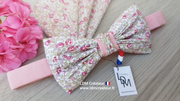 Noeud-papillon-rose-pale-liberty-homme-original-pochette-mariage-soiree-Jonzac-ldmcreateur