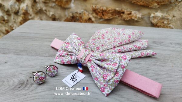 Boutons-de-manchettes-noeud-papillon-homme-rose-liberty-fleur-mariage-Jonzac-élégance-LDM-Créateur