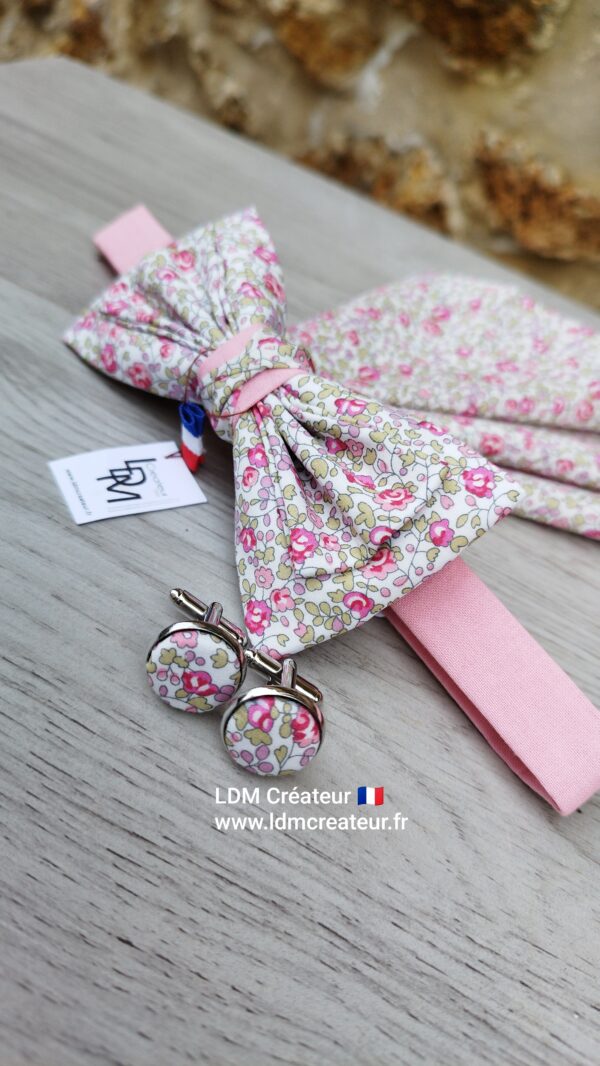 Noeud-papillon-boutons-de-manchettes-homme-rose-liberty-fleur-mariage-Jonzac-élégance-LDM-Créateur